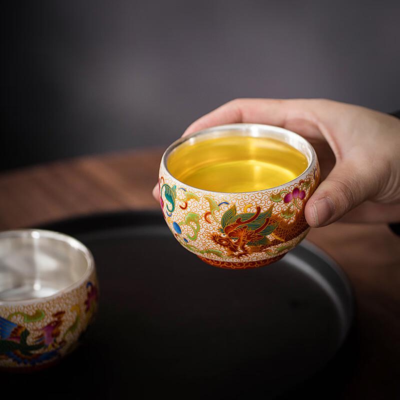 Chaxun Silver Gilded Ceramic Teacup with Gold Filigree Phoenix