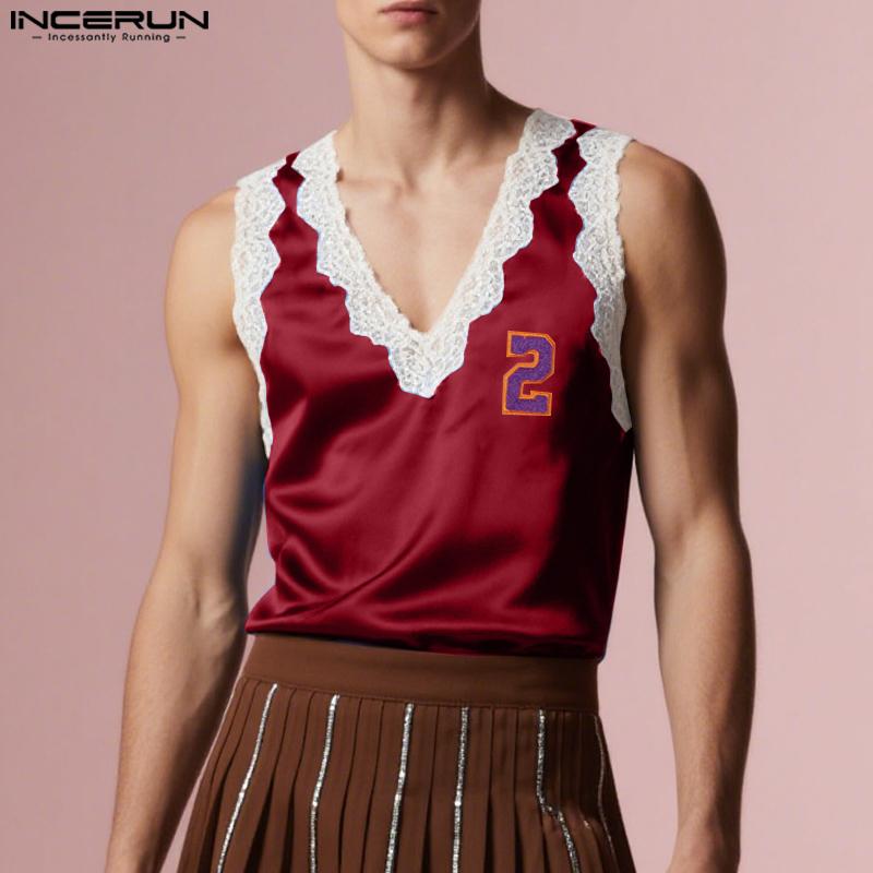 INCERUN Men V Neck Sleeveless Lace Hem Letter Casual Tank Tops Undershirts