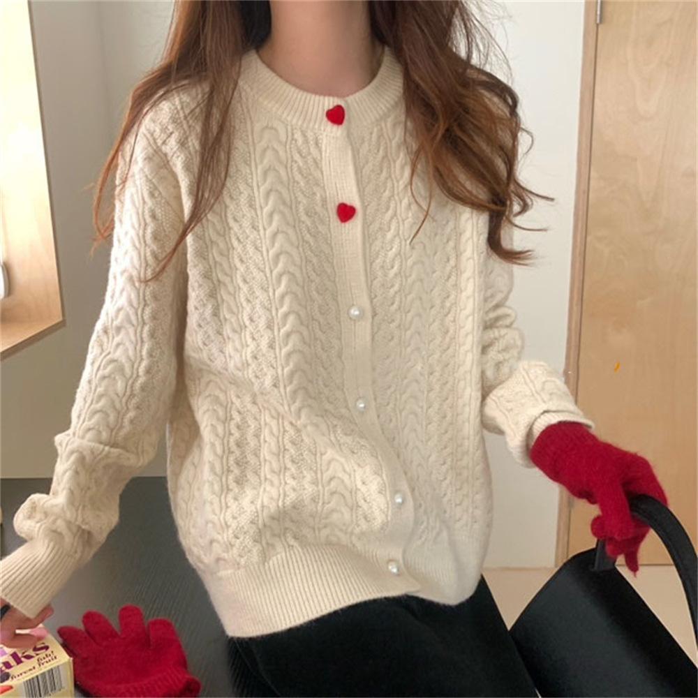 Autumn and Winter Women's Sweater Round Neck Love Button Fried Dough Twists Knitted Cardigan