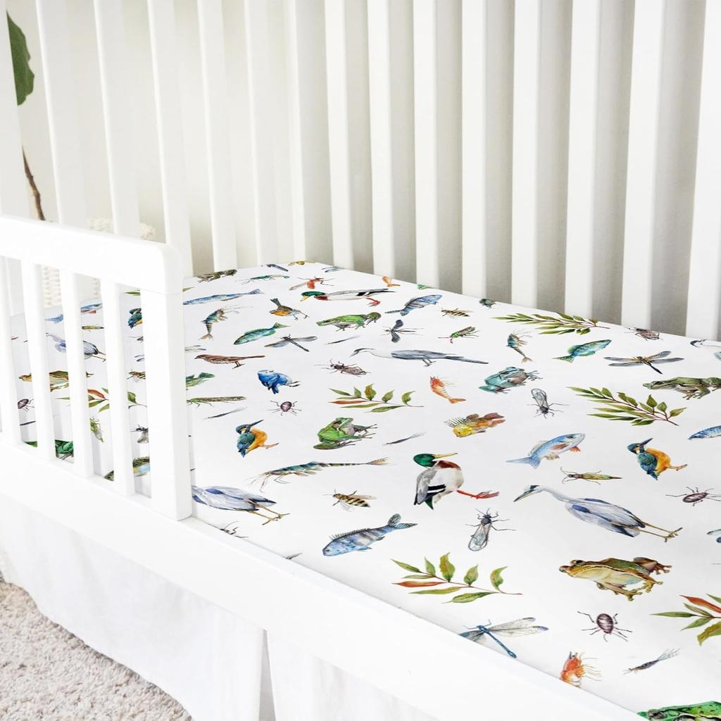 Wildlife Pond Baby Crib Sheets 52''x28'' Wild Animals Frogs Duck Fish Bird Weeds Snug Fitted Crib Mattress Cover for Boy Girl Fishing Hunting Soft