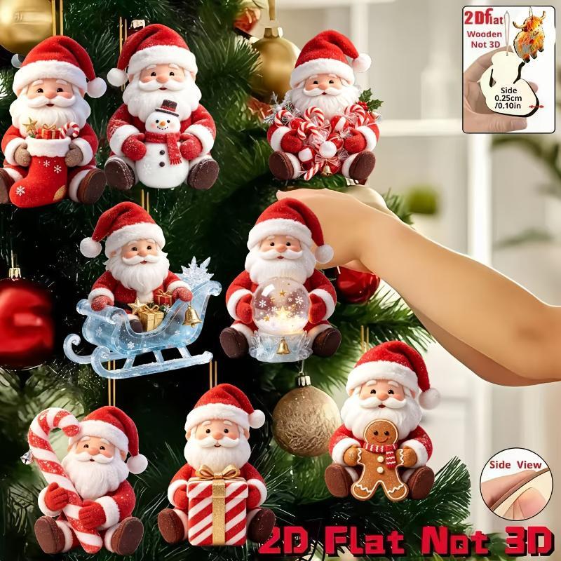 2D Christmas Wooden Gingerbread Man Santa Claus Pendants 8Pcs for Xmas Tree Home Holiday Party Decor Gifts