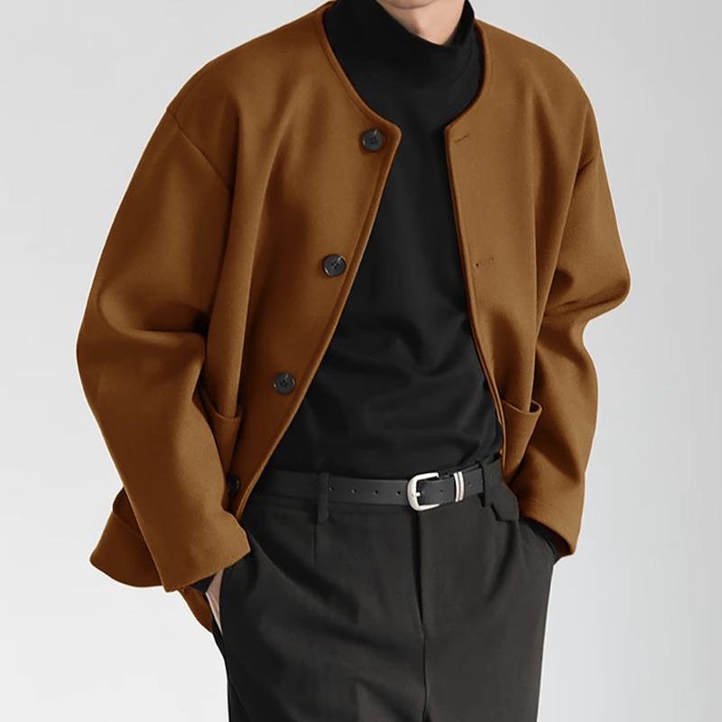 Осень Зима Мужская Мода Корейский Новый Наряд Hombre Elegante Повседневный Дизайн Безворотниковая Свободная Шерстяная Куртка