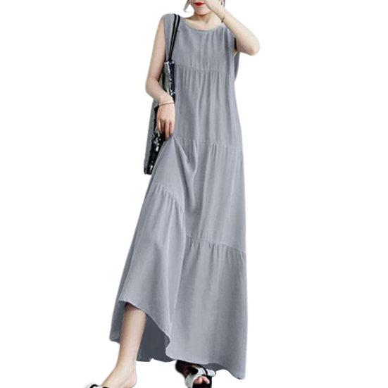 Женское летнее платье без рукавов трапециевидной формы с большим подолом, сплошной цвет, круглый вырез, лоскутное плиссированное мягкое дышащее платье до щиколотки для пляжного отдыха, макси-платье