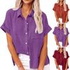 Women's Casual Fashion Cotton Linen Short Sleeve Lapel Button Down Shirt Top