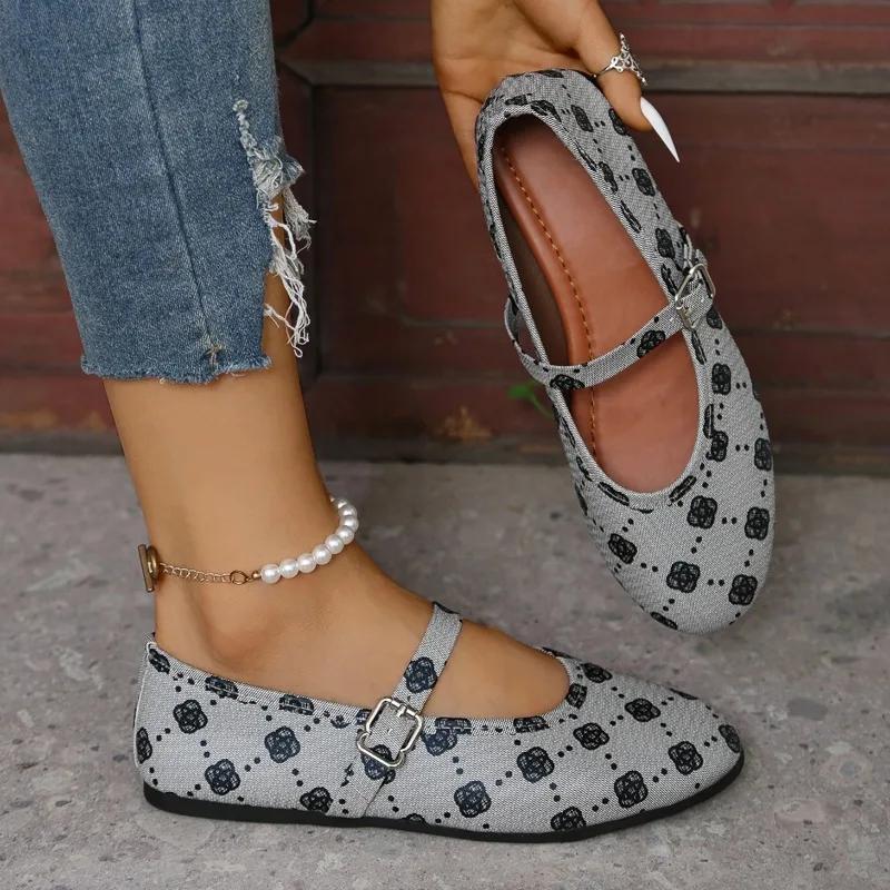 Новые женские удобные плоские туфли с круглым носком и пряжкой для ходьбы, модные весенне-осенние повседневные мокасины с принтом