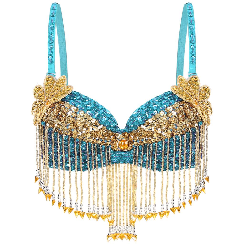 Womens Sparkly Sequins Belly Dance Top Adjustable Straps Plastic Beaded Tassels Underwired Bra