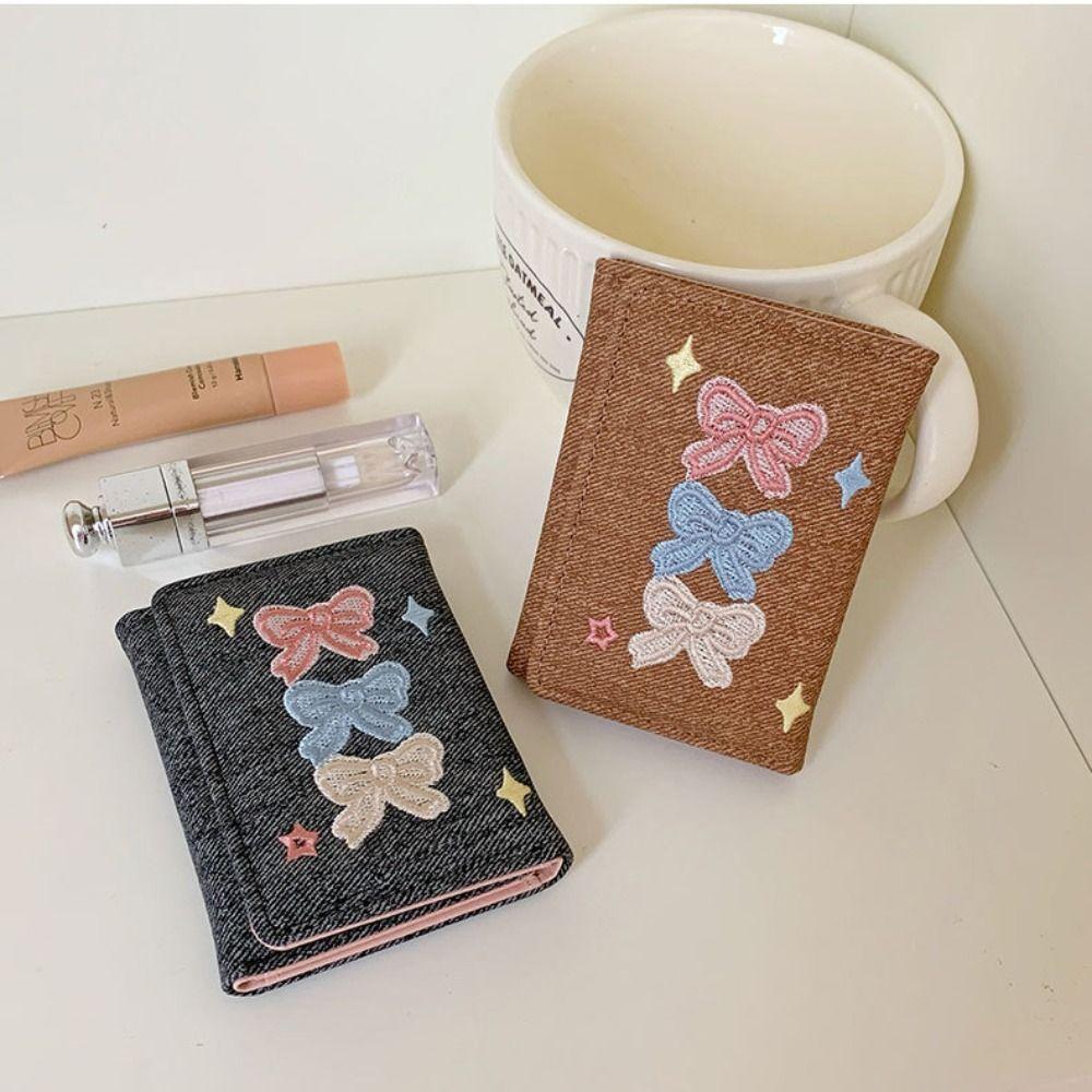 Portable Denim Coin Purse PU Leather Three Fold Wallet Coin Pouch Card Bag  Women