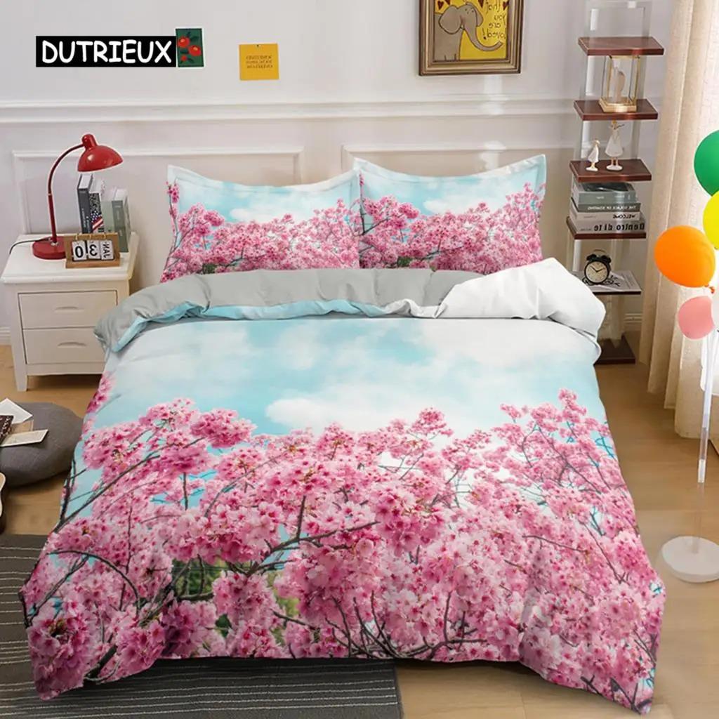 Plum Blossom Duvet Cover Collection King Pink Flower Quilt Cover For Girls Microfiber Branches Printed Bedding Collection
