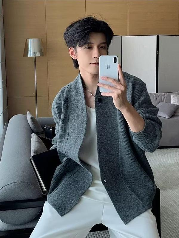 Мужской ретро-кардиган в японском стиле - Осенне-зимний тяжелый вязаный халат с диагональной планкой