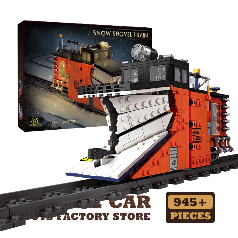 Технический городской поезд MOC Кирпичи Светодиодный 3D-модель Снегоуборочный локомотив Блоки STEM Машины Строительные Игрушки Друг Рождественские Подарки НОВЫЙ