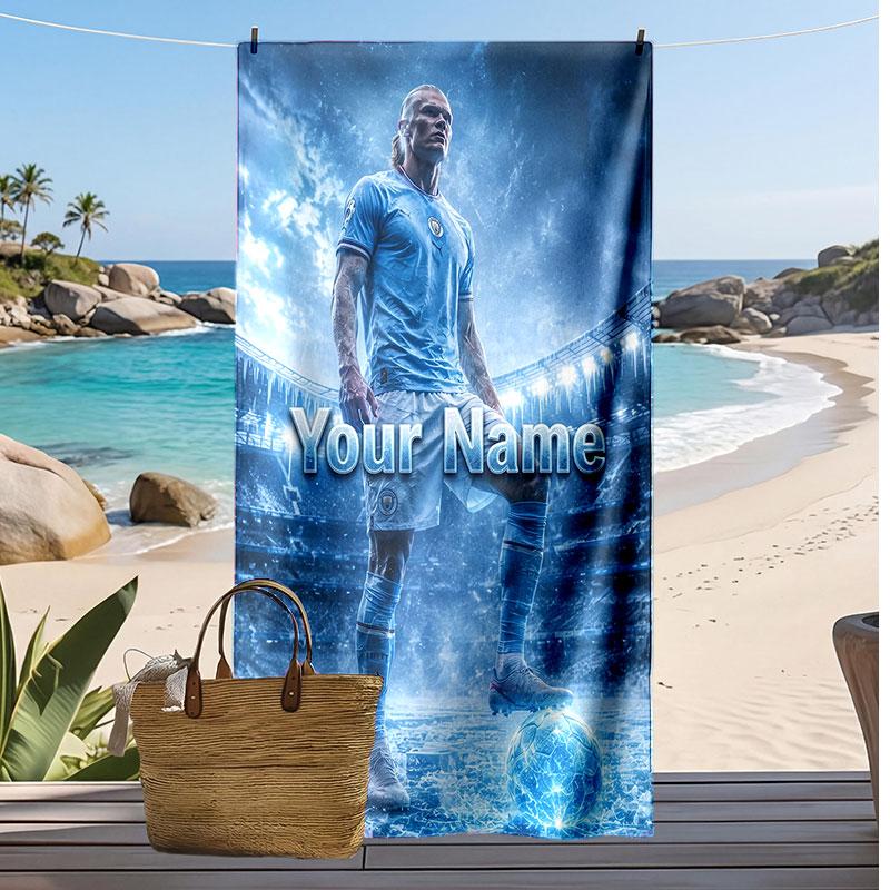 Erling Haaland Personalized Printed Beach Towel Soccer Logo Support Custom Name Text Absorbent Towel For Sport Travel Special Gift