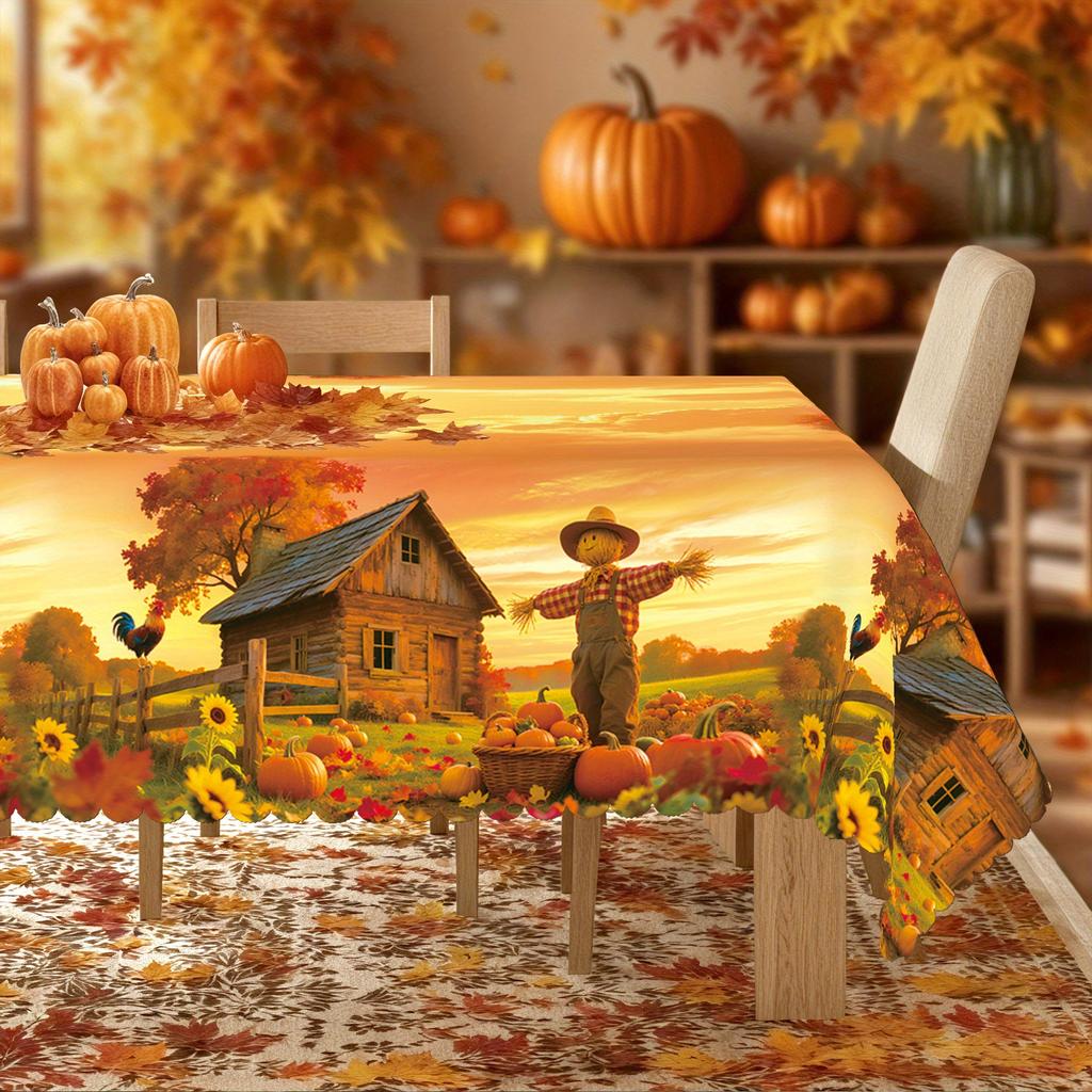 1pc Autumn Farm Scene with Scarecrow and Golden Sky Tablecloth, Thanksgiving Party Decoration, Rectangular/Square Tablecloth, Embossed Edge Craft, Sui