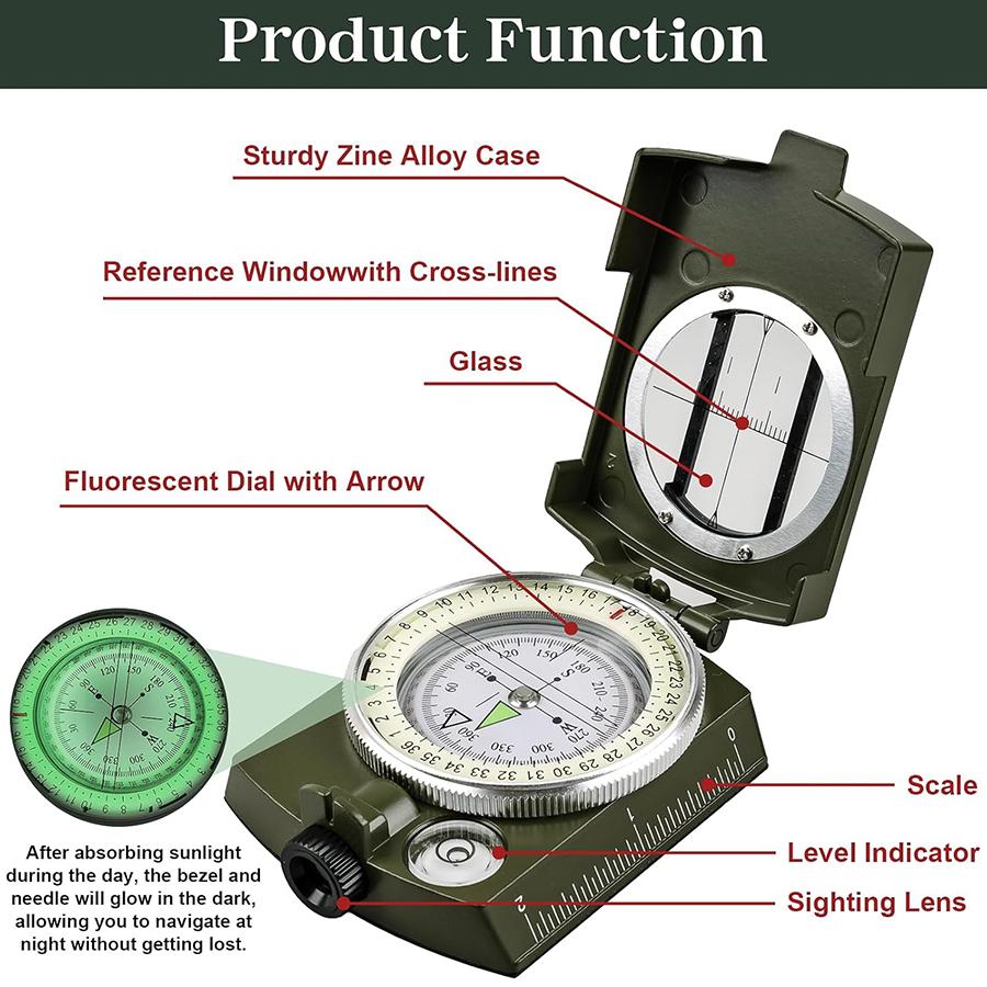 Waterproof Shockproof Compass With Sighting Function Carabiner And Storage Pouch For Hiking Camping Outdoor Navigation Survival