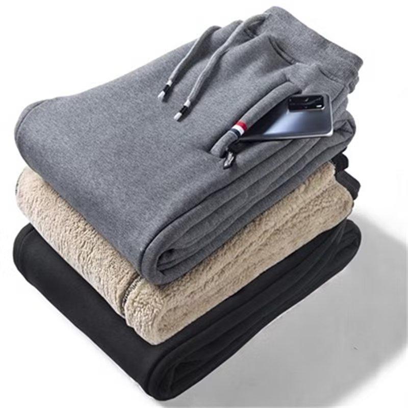 Мужские толстые теплые повседневные брюки из овчины - большие, свободный крой, 3 цвета, с карманом на молнии