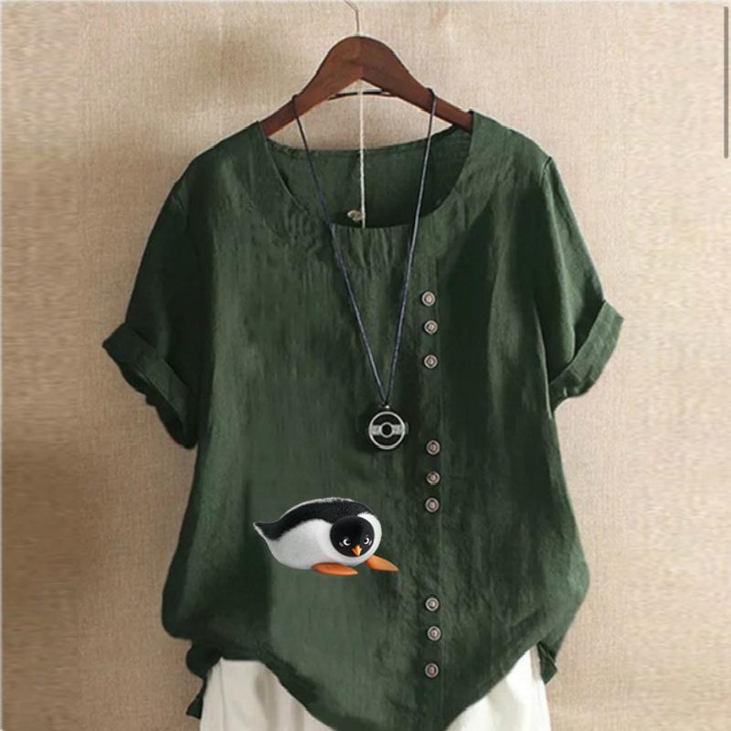 Women's Fashion Penguin Prined Round Neck Short Sleeve T-shirt Casual Cotton Linen Graphic Shirt Leisure Loose Summer Blouse Tops