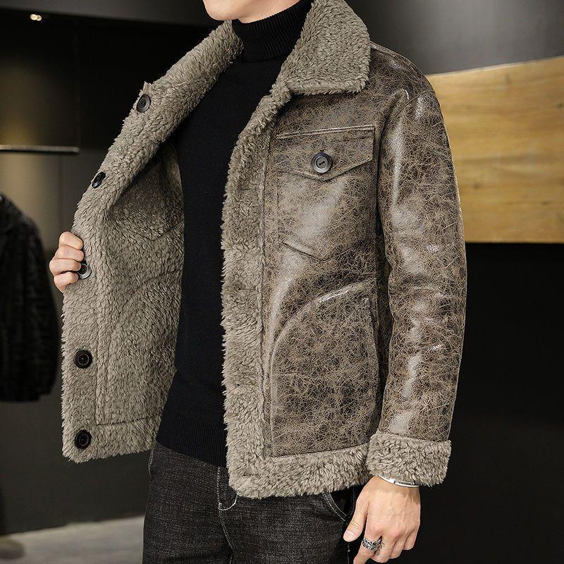 Зимняя мужская меховая цельная куртка с овечьей шерстью, двусторонний лацкан, приталенный топ