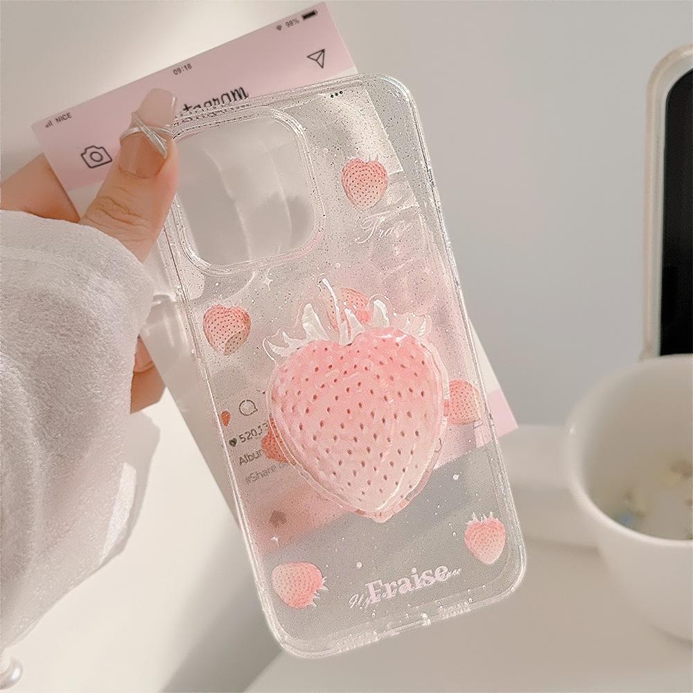 Summer Cream Strawberry Apple 16 Mobile Phone Case 13 Glitter Powder Iphone14promax Suitable for 11 Stand 12