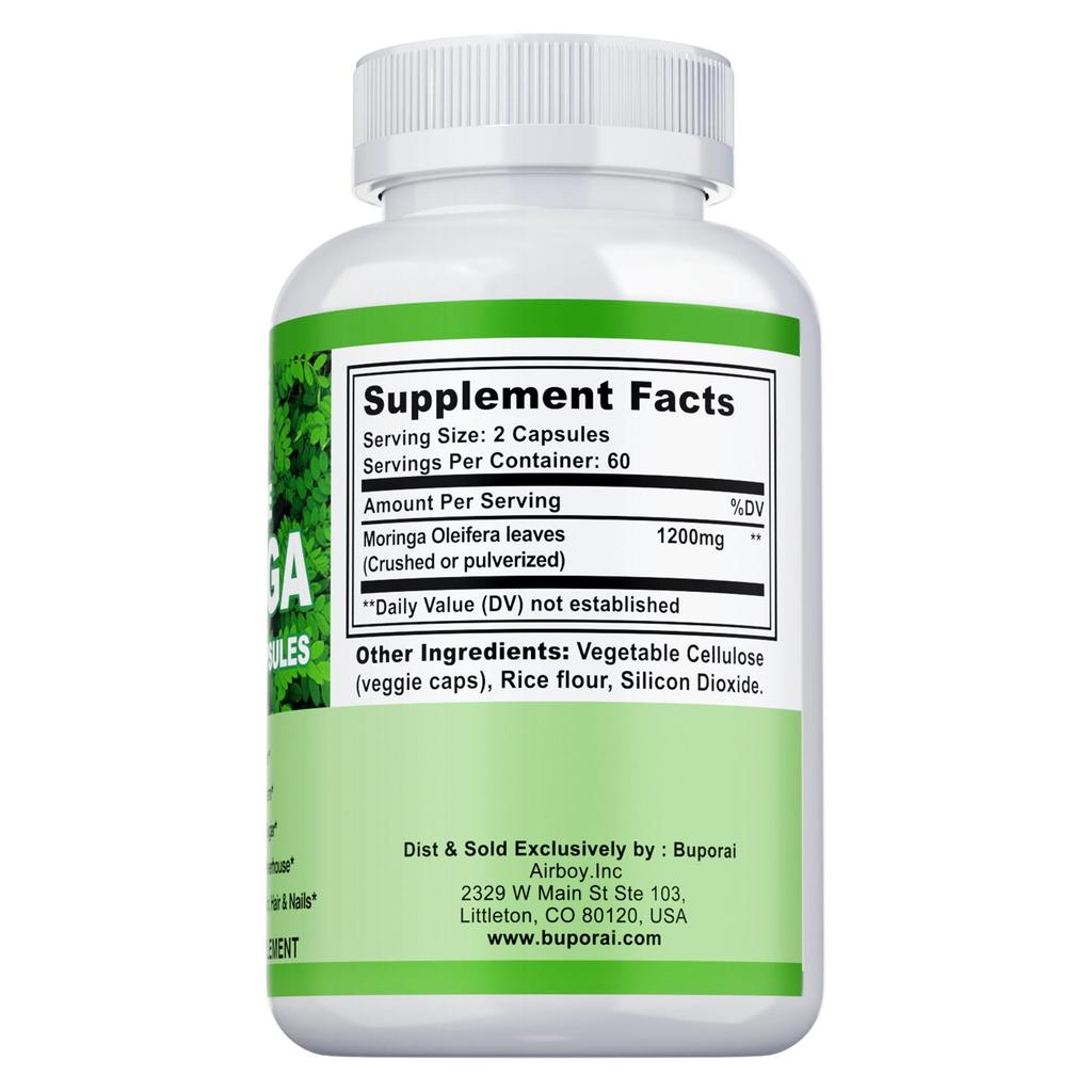 Moringa Capsules, 120 vegan moringa leaf powder capsules, an anti-inflammatory supplement that boosts the immune system, energy, and brain function.