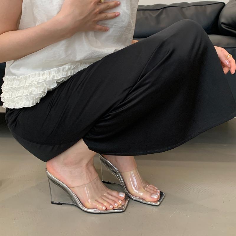 Fashion New Style Summer Fashion Designder Crystal Wedges Heels Women Slippers Transparent Square Toe Party Female Shoes Zapatos Mujer