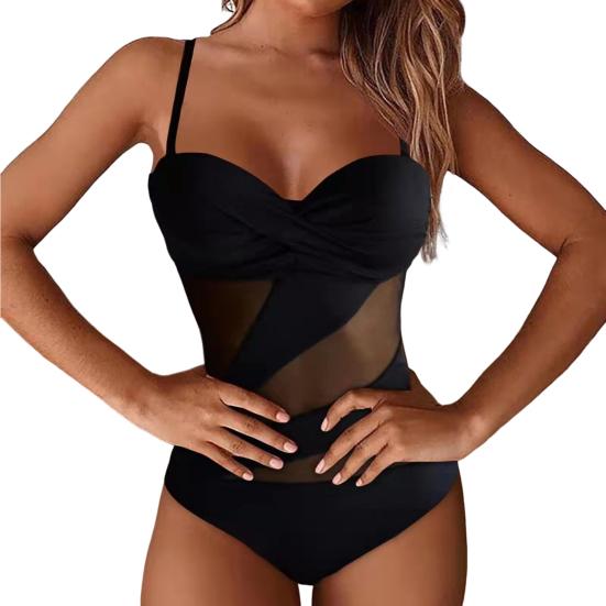 Women Monokini Spaghetti Strap See-through Mesh Low-cut Backless Slim Fit Swimming