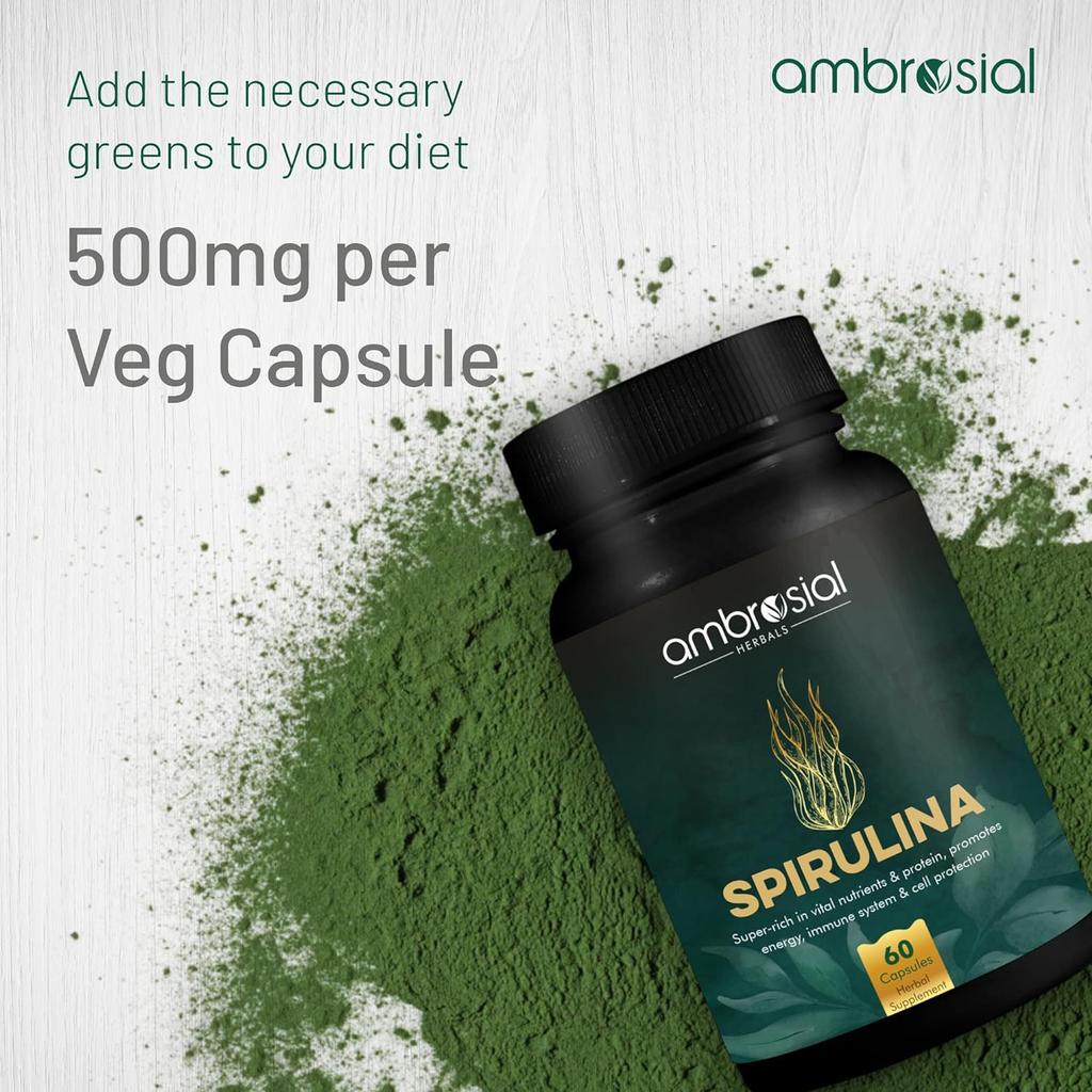 Капсулы Ambrosial Spirulina | Высокая дозировка - 500 мг | Сертифицированные таблетки спирулины | Без добавок и 100% веганский продукт (Упаковка 1-60 капсул)