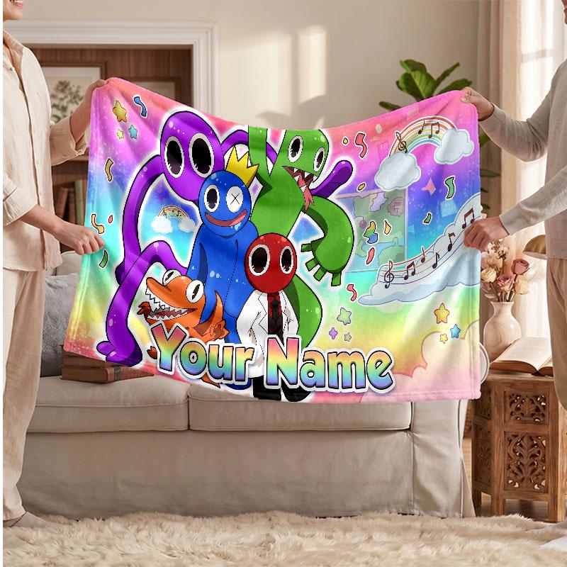 Rainbow Friends Personalized Flannel Blanket, Custom Printed Text Name, Warm Soft Blanket For Couch Bed