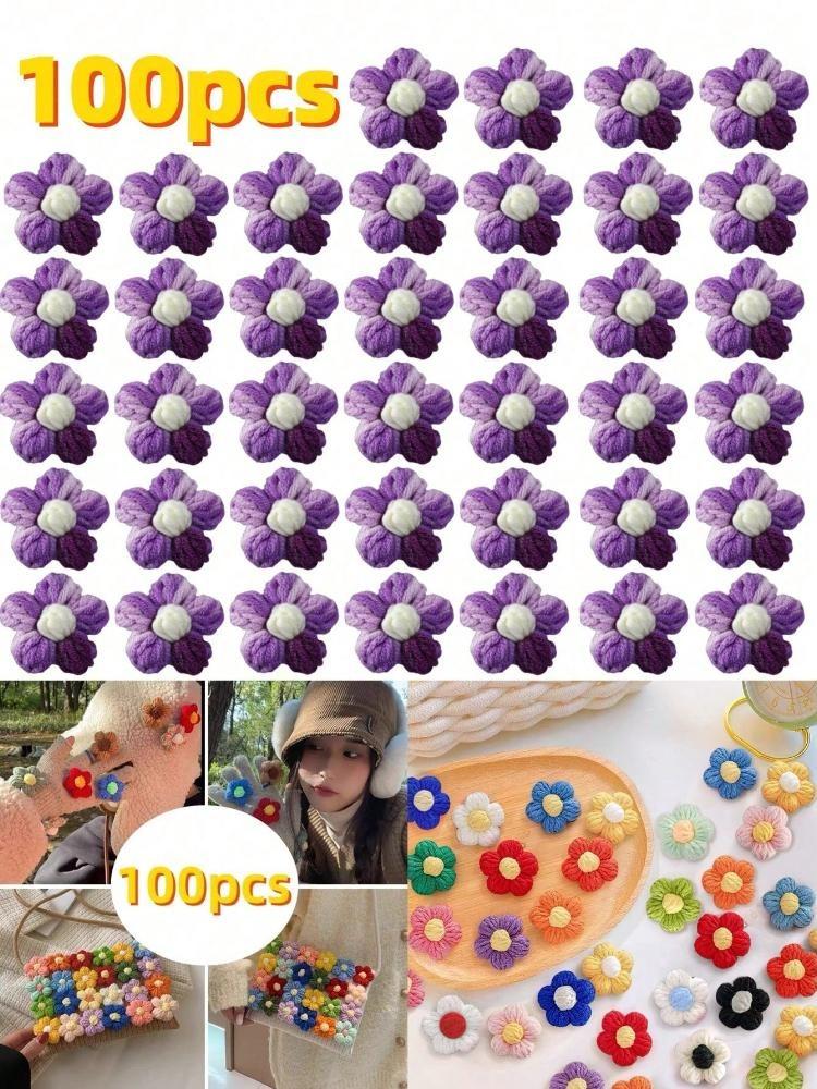 100Pcs Crochet Flowers Puff Flower Gradient Color Knitted Handmade Crochet Flowers for Crafts Embellishment DIY Hair Headband Hat Clothing Accessories