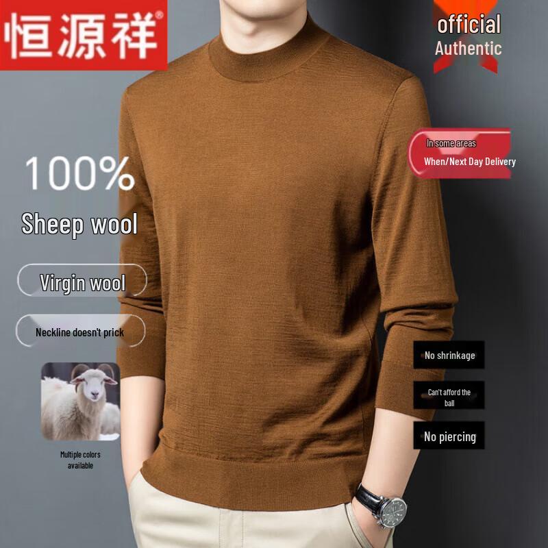 Hengyuanxiang Men's 100% Pure Wool Thickened Round Neck Sweater