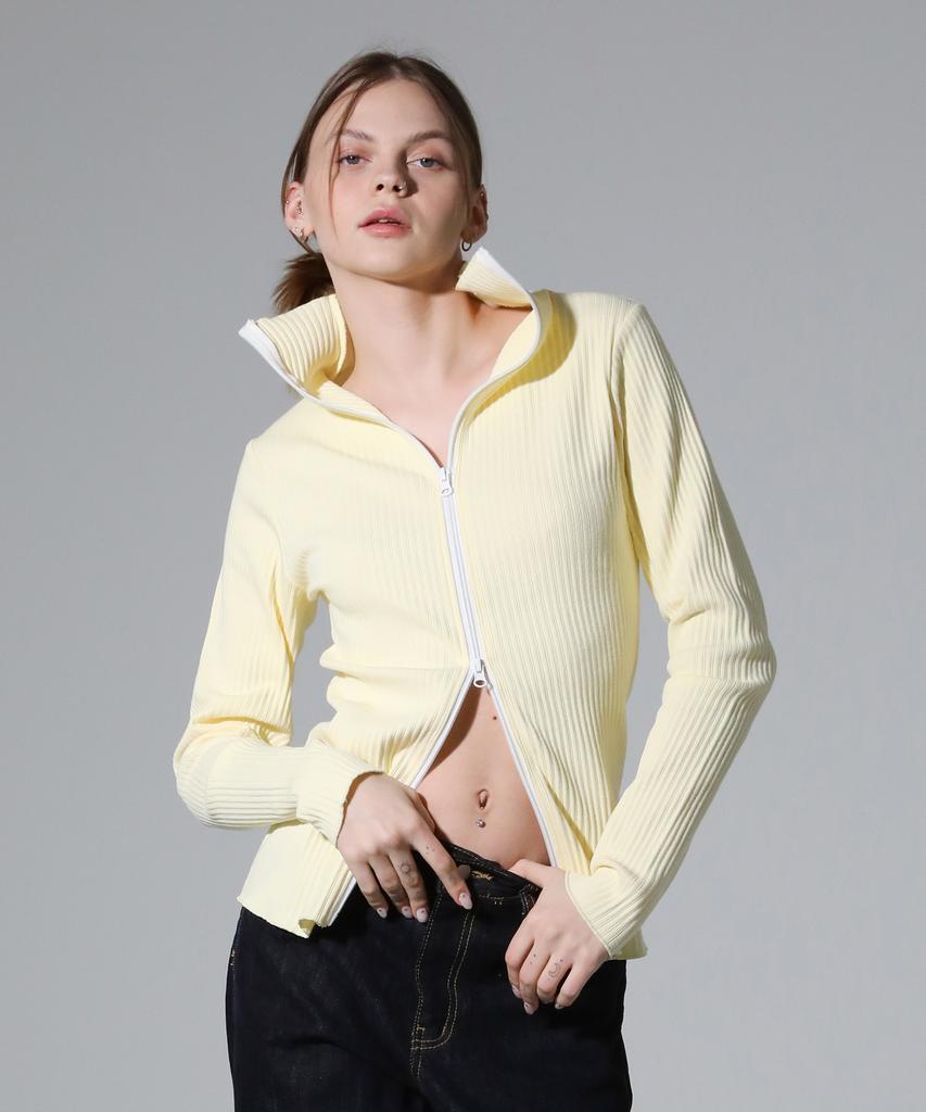 REEMNIK High-Neck Two-Way Zip-Up Ribbed Knit Top [Yellow]