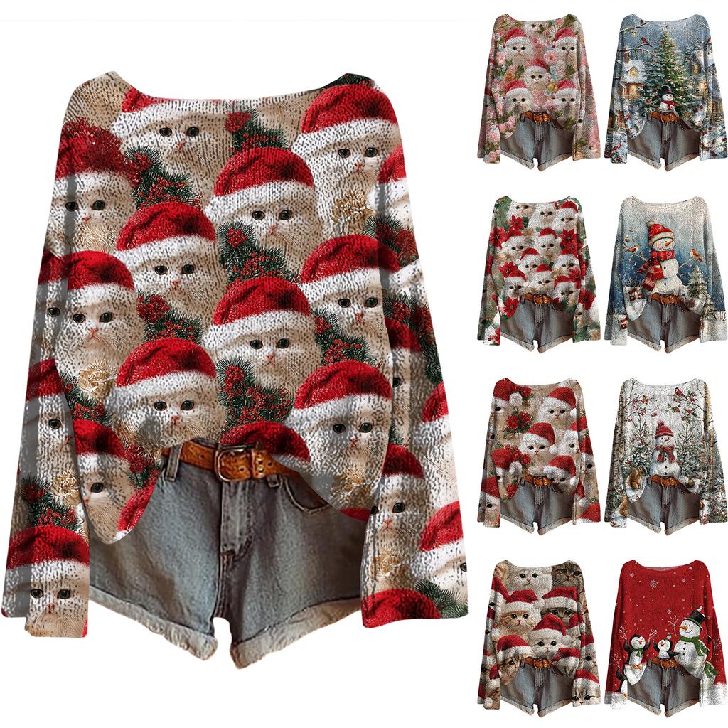 Women's Christmas Print Lightweight Sweater Casual Long Sleeve Knitted Pullover