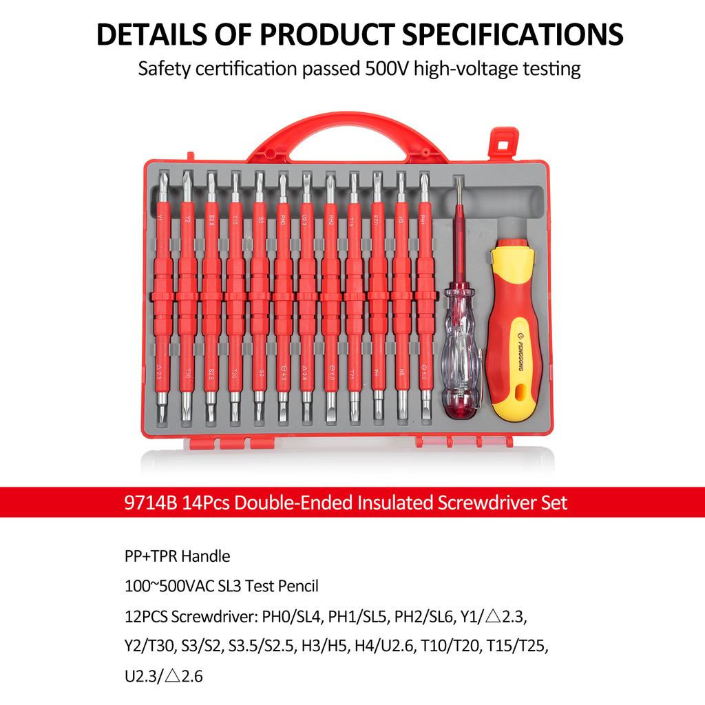 PENGGONG 9714B 500V Insulated Screwdriver Set 12Pcs Double-Ended Insulated Screwdriver Tool with