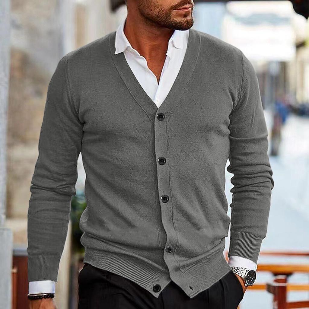 Мужская повседневная трикотажная приталенная рубашка-куртка с V-образным вырезом