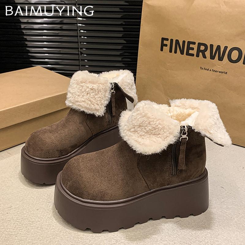 Ботильоны женские на меховой платформе, замшевые короткие, плюшевые, на среднем каблуке, хлопковые туфли, тренд 2025 года, теплые, удобные, на молнии, зимние ботинки для женщин