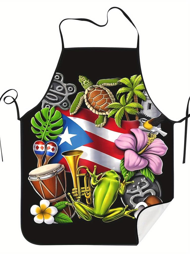 Puerto Rico Flag Apron Tropical Music Art Kitchen Cooking Baking Gift For Caribbean Lover Cultural Chef Wear Vibrant