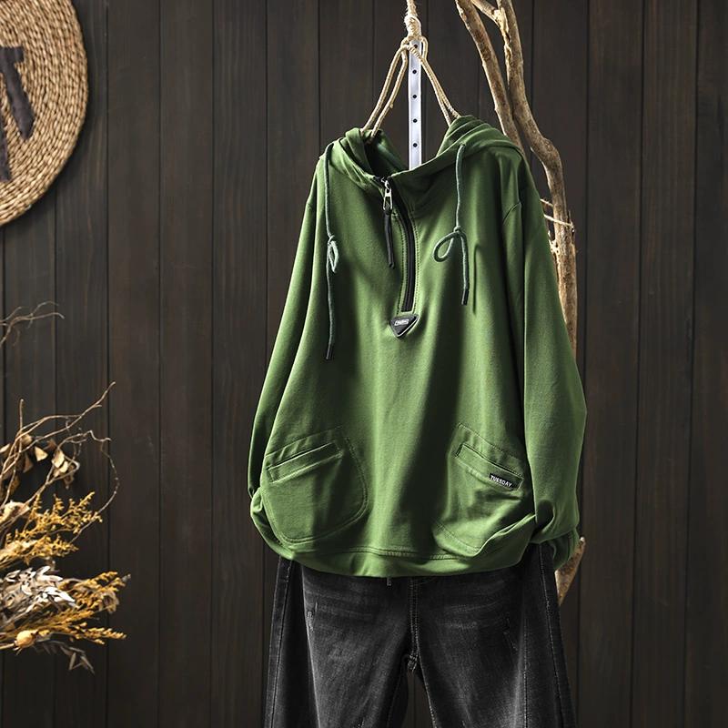 Dimanaf 2024 толстовки с капюшоном свитшоты шапки пуловеры пэчворк топы женские свободные повседневные зеленые хлопковые