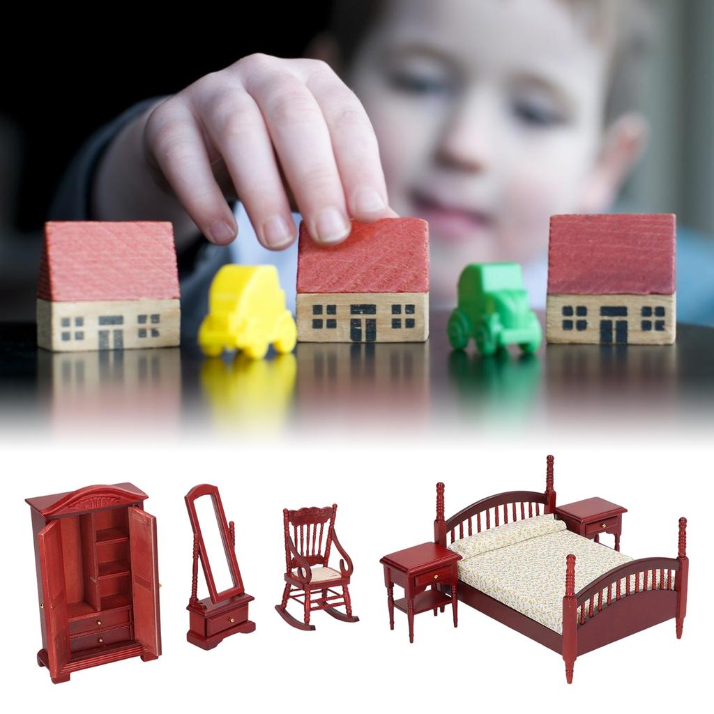 6Pcs Retro Dollhouse Bedroom Furniture Set Handcrafted Wood Miniatures for 1/12 Scale DIY Display
