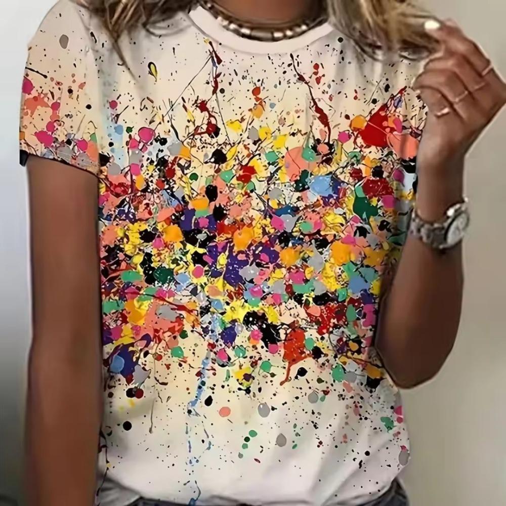 Elegant Loose Fashion And Bright Colors Printed Summer Crew Neck T-shirt Casual All-match Women 2K Top