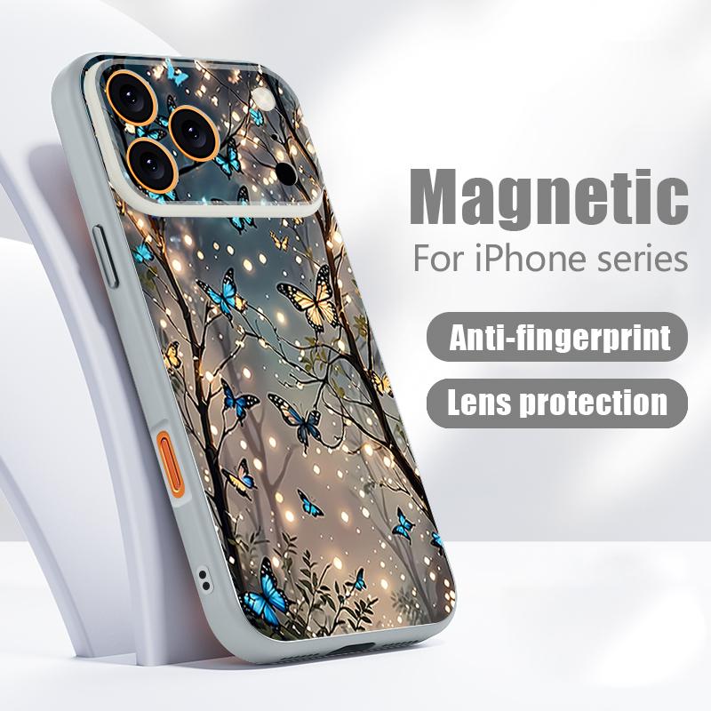 Светящийся Чехол с Узором Фэнтезийной Бабочки для iPhone 17 Pro Max Магнитный Для Magsafe Покрытие с Ощущением Кожи для iPhone 16 15 14 13 Pro Max