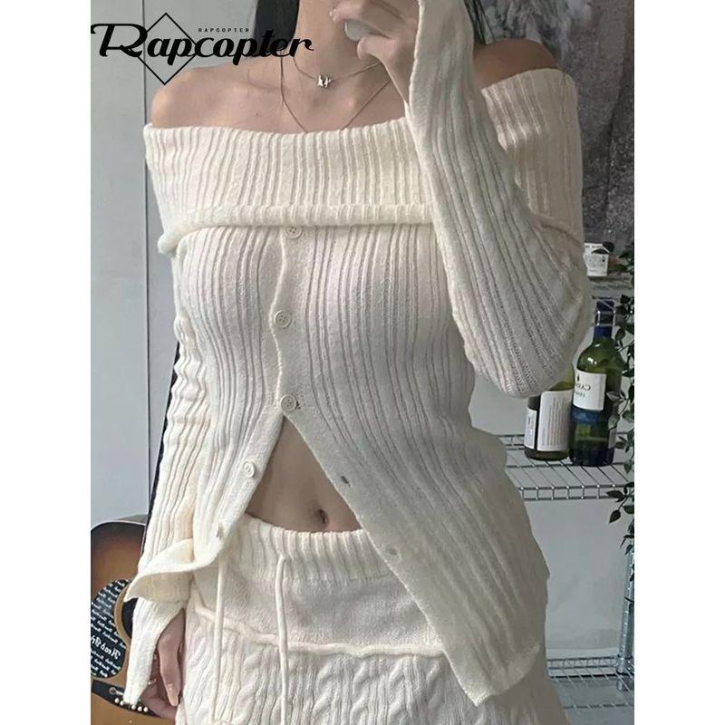 off-Shoulder Top Versitile Foreign Trade Women Clothes Western Style off-Shoulder Long Sleeve Temperament Single-Breasted Sexy Knit