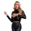 Women's Wetlook Patent Leather Mock Neck Long Sleeve Hollow Out Crop Tops Clubwear