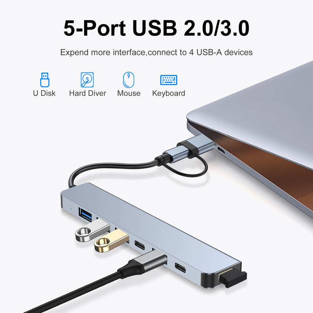 2217 USB A+USB C Hub Adapter 7 In 1 Multi Port USB Docking Station with USB3.0+USB2.0*4+PD+USB C Data Port Extension