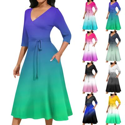 Женское повседневное модное платье миди с V-образным вырезом и рукавом три четверти