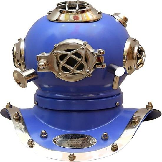 45.72 Cm Nautical Mark V Divers Diving Helmet Blue Handmade Marine Divers Solid Steel, Brass Scuba Diving Helmet Gift