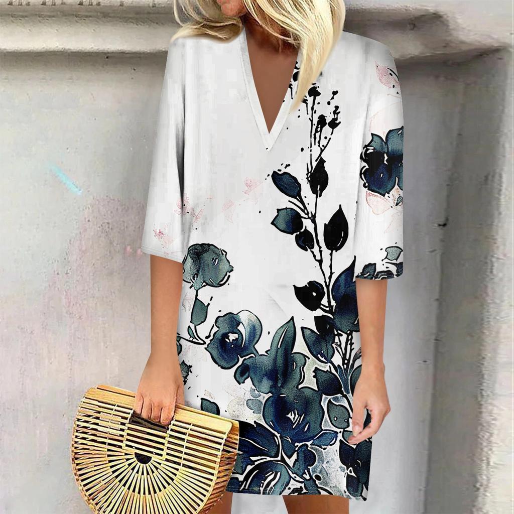 Summer Dresses For Women 2024 Fashion Casual Printed Loose V Neck 3/4 Sleeve Dress