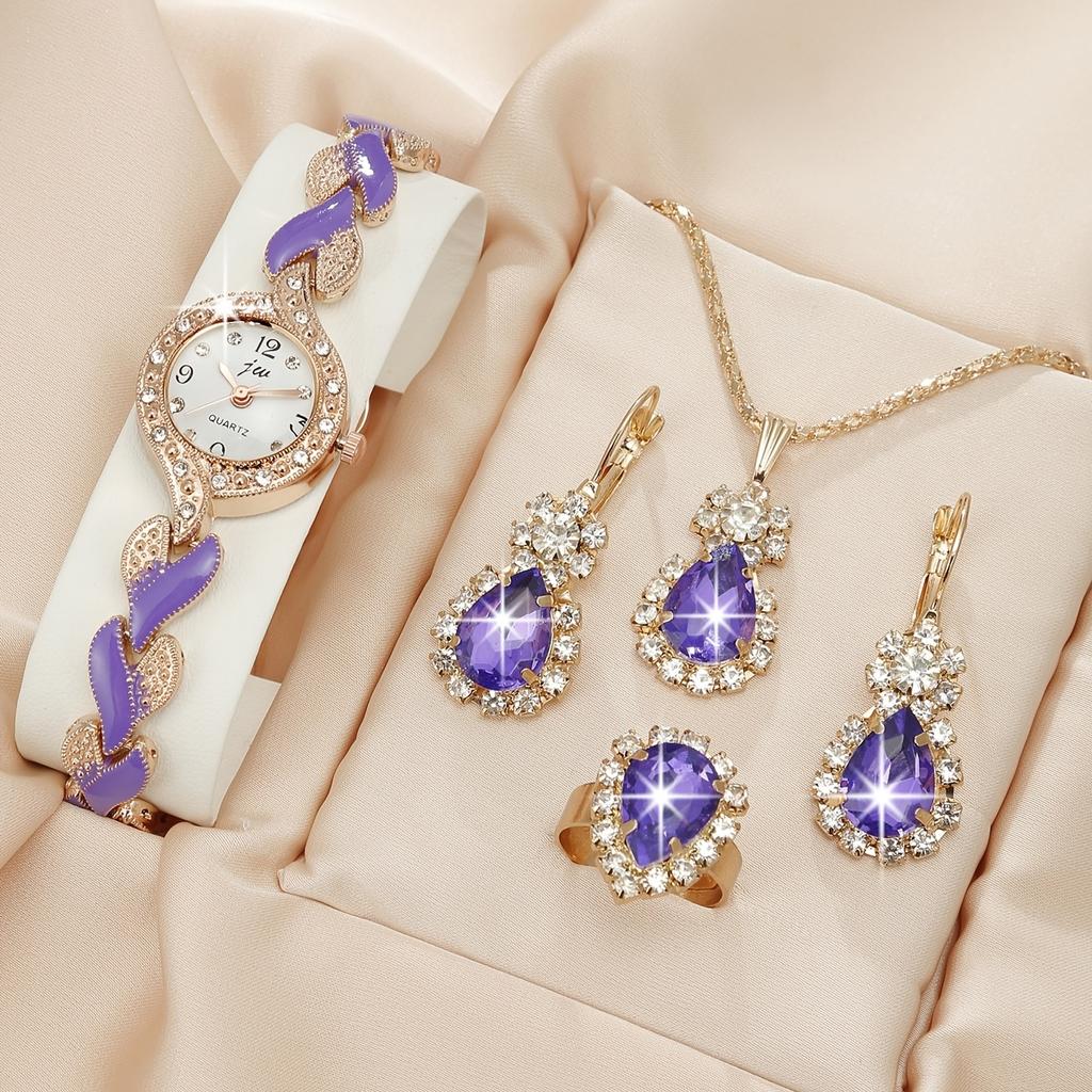 4 Piece Jewelry Set, Luxury Rhinestone Quartz Bracelet Watch, Vintage Analog Watch, Gift for Mom and Her