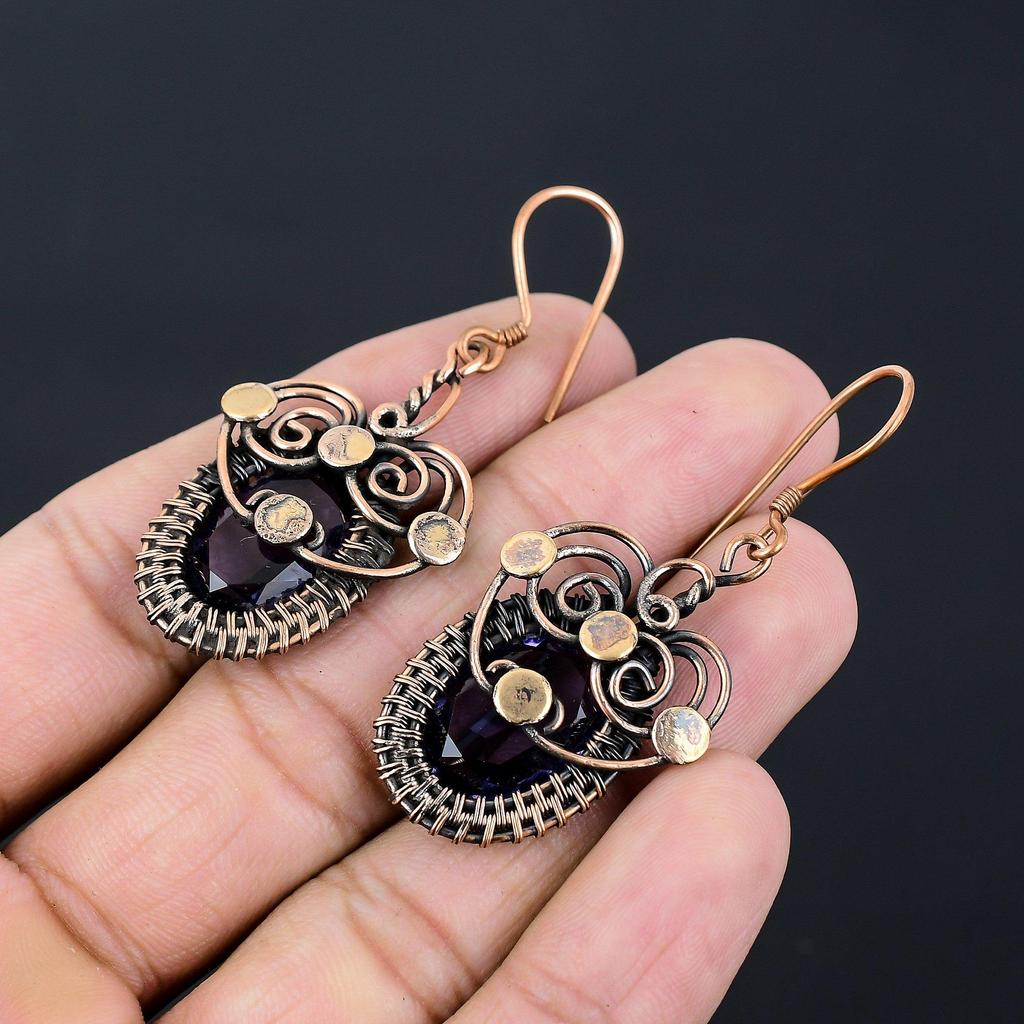 Beautiful Iolite Gemstone Handmade Pure Copper Wire Wrapped Earring Jewelry