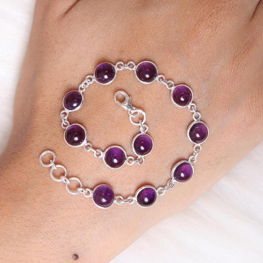 Браслет с аметистом / Браслет из стерлингового серебра 925 пробы / Браслет ручной работы / Регулируемые серебряные украшения / Круглый браслет из драгоценных камней / Подарок для нее