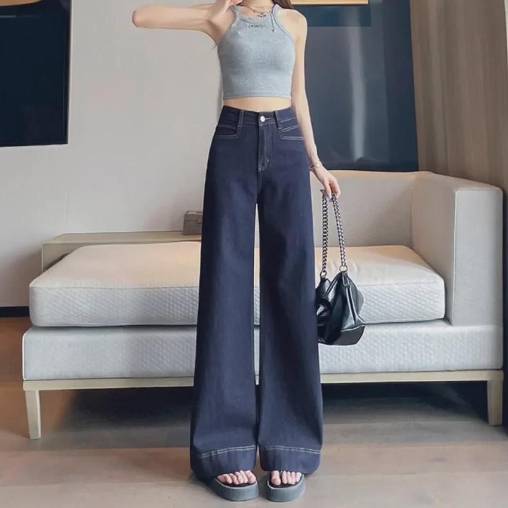 Women's High Waist Wide Leg Jeans - Dark, Narrow Fit, Hip-Covering, Loose, Straight, Small Size for Autumn/Winter 2024