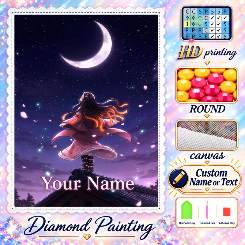 Nezuko Kamado 5D DIY Diamond Painting Custom Name Text, Full Drill Rhinestone Mosaic Art Home Gift