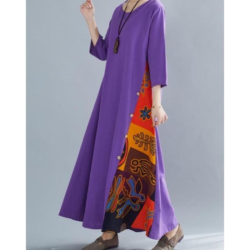 Женское платье больших размеров на весну и осень в этническом стиле в стиле ретро, ​​свободное повседневное длинная юбка контрастного цвета, платье из хлопка и льна с рукавами три четверти